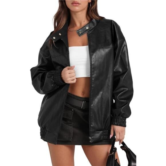 Oversized Faux Leather Jacket - Vintage Motorcycle Bomber Coat for Fall & Winter - Picture 1 of 5